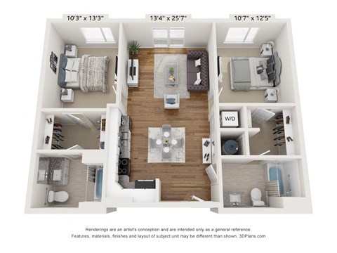 Floor plan for 2 beds, 2 baths, 957 sqft